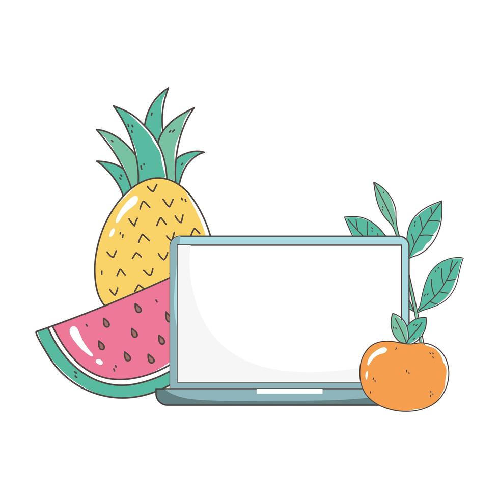 laptop and fruits fresh market organic healthy food vector
