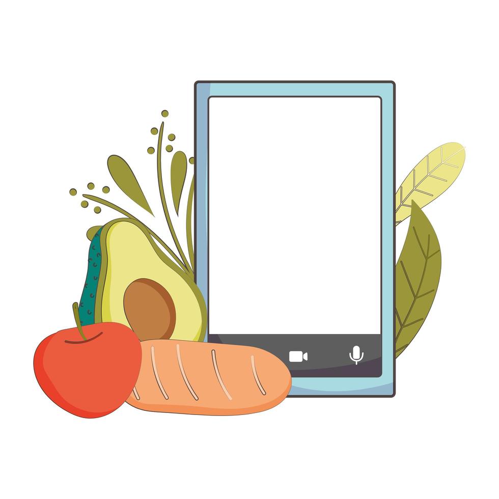 mercado fresco smartphone aguacate zanahoria y manzana, alimentos orgánicos saludables vegetales y frutas vector