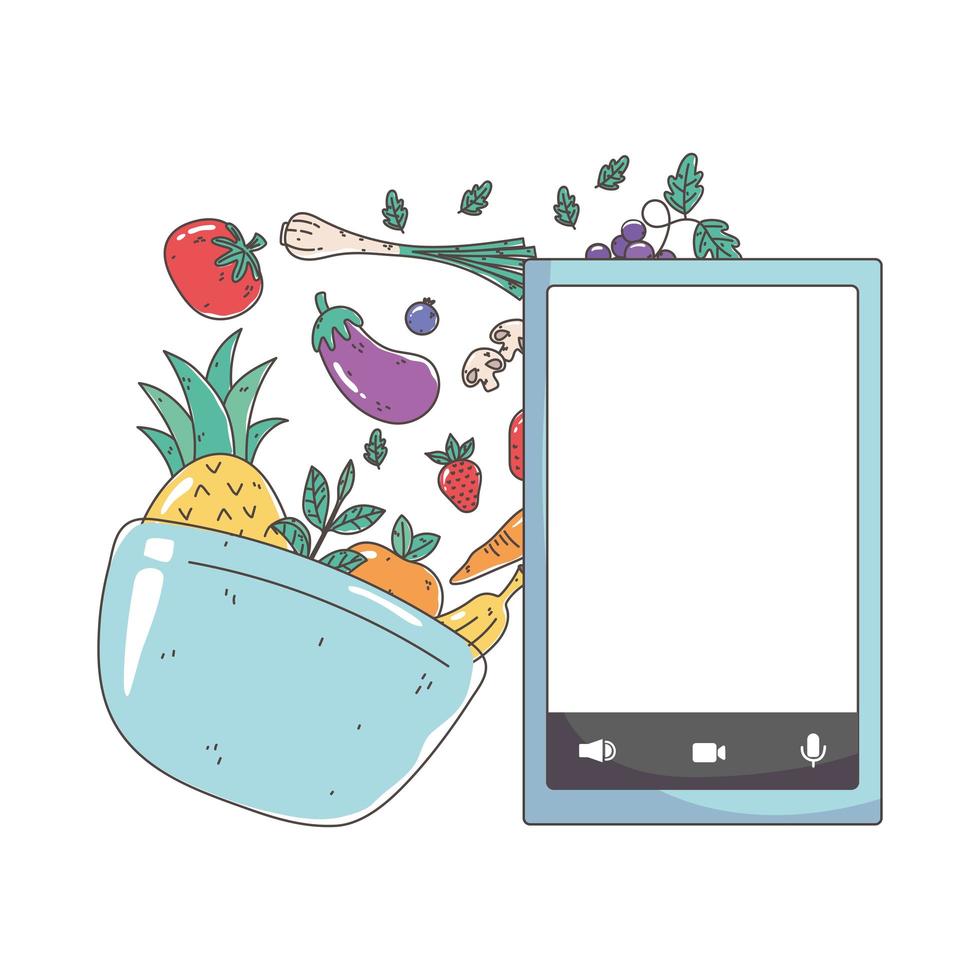 fresh market smartphone organic healthy food bowl fruits and vegetables vector
