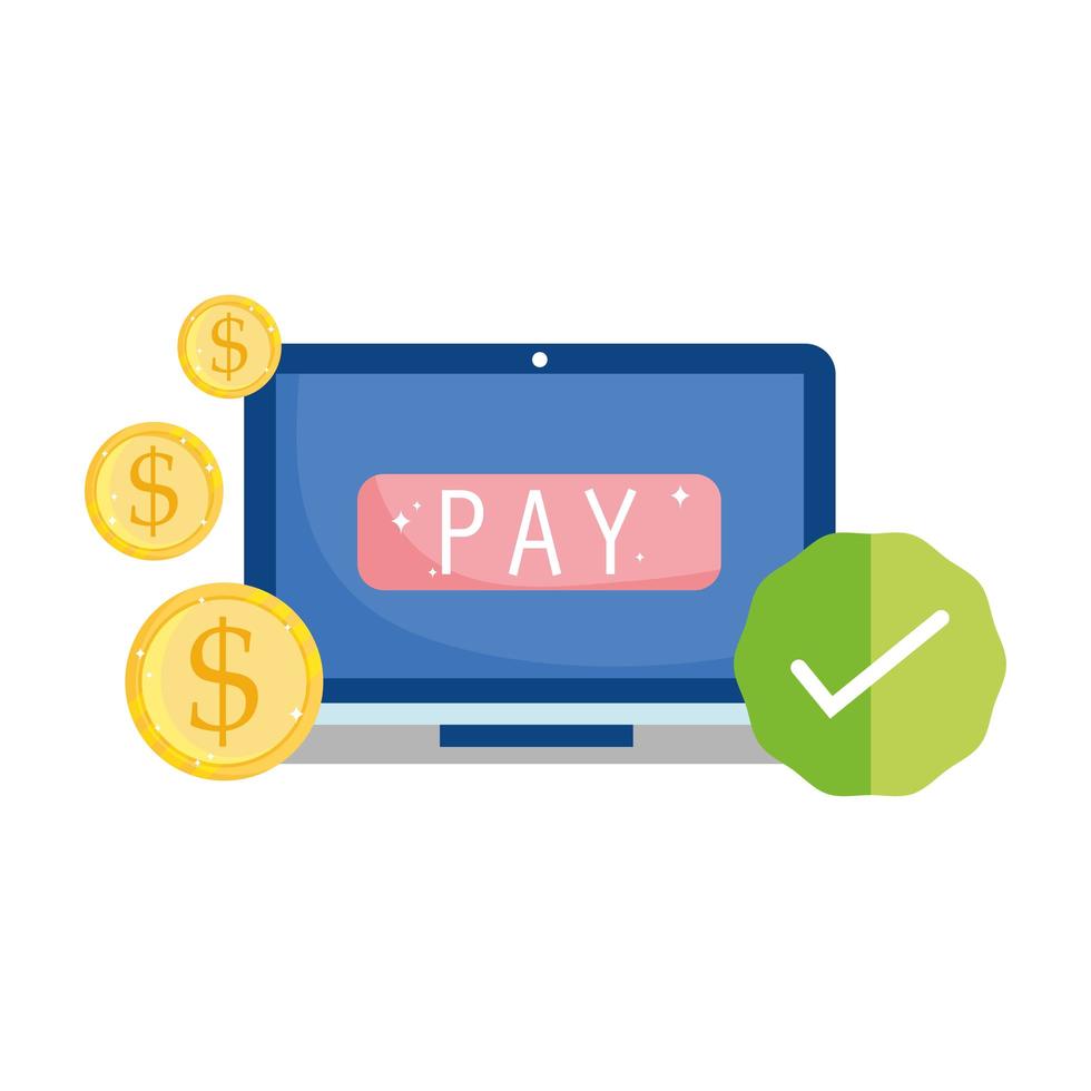 online payment, laptop coins money check mark, ecommerce market shopping, mobile app vector