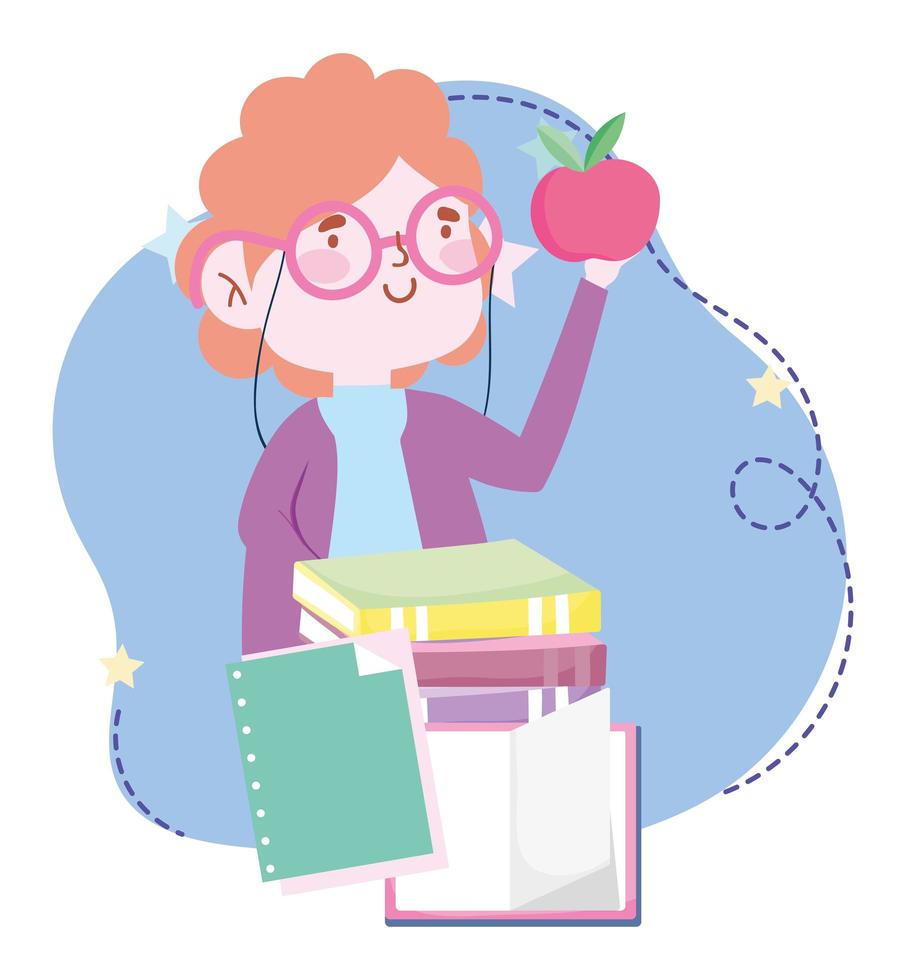 online education, teacher with apple and books stacked, website and mobile training courses vector