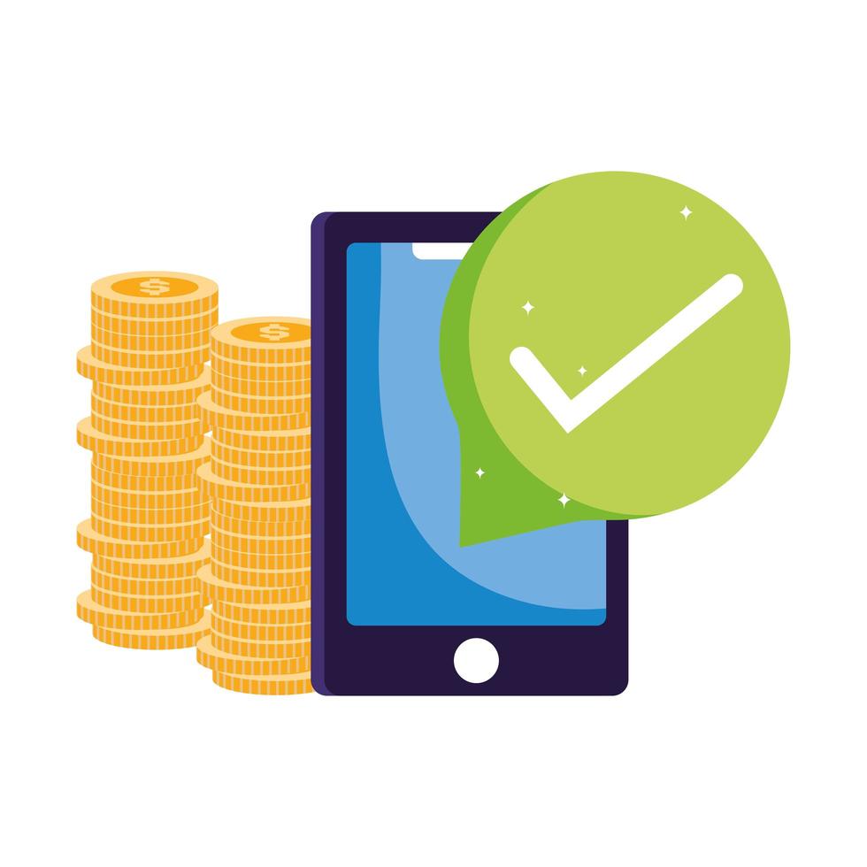 online payment, smartphone coins shopping cart check mark, ecommerce market, mobile app vector