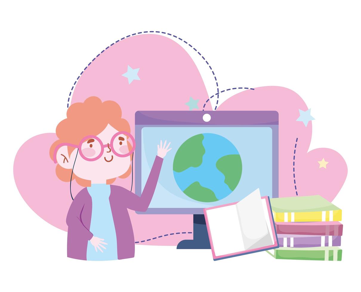 online education, teacher computer world and books, website and mobile training courses vector