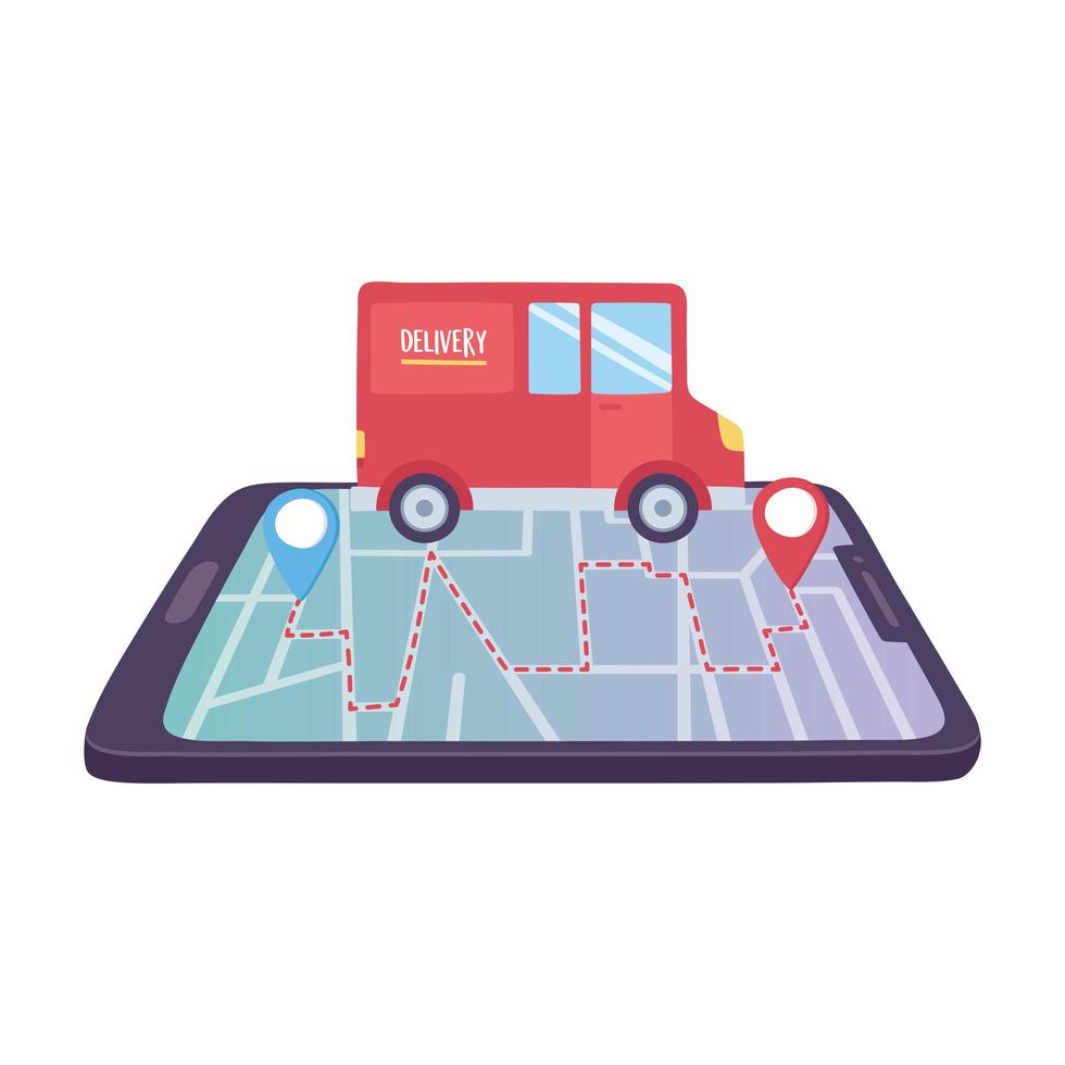 covid-19 coronavirus pandemic, delivery service, mobile and truck in map location city vector