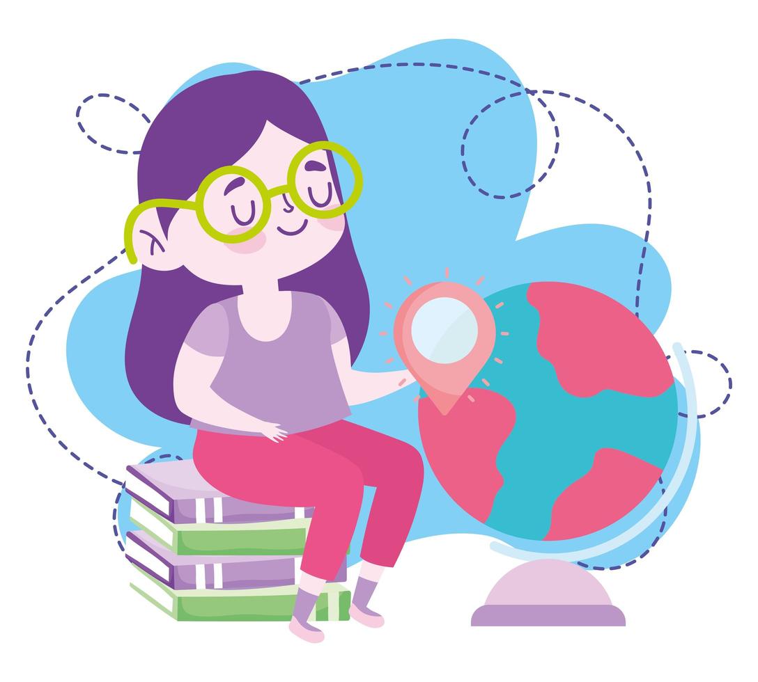 online education, student girl sitting on books and globe map, website and mobile training courses vector