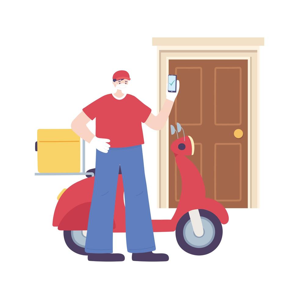 covid-19 coronavirus pandemic, delivery service, delivery man with smartphone and motorcycle, wear protective medical mask vector