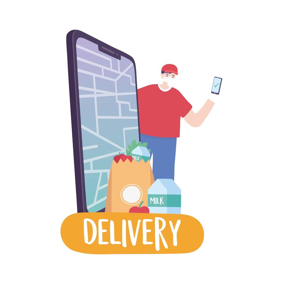 covid-19 coronavirus pandemic, delivery service, delivery man with smartphone app online market, wear protective medical mask vector