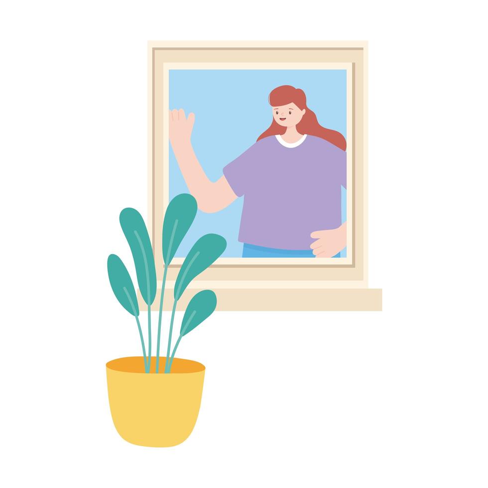 Mujer en ventana con diseño aislado de planta en maceta vector