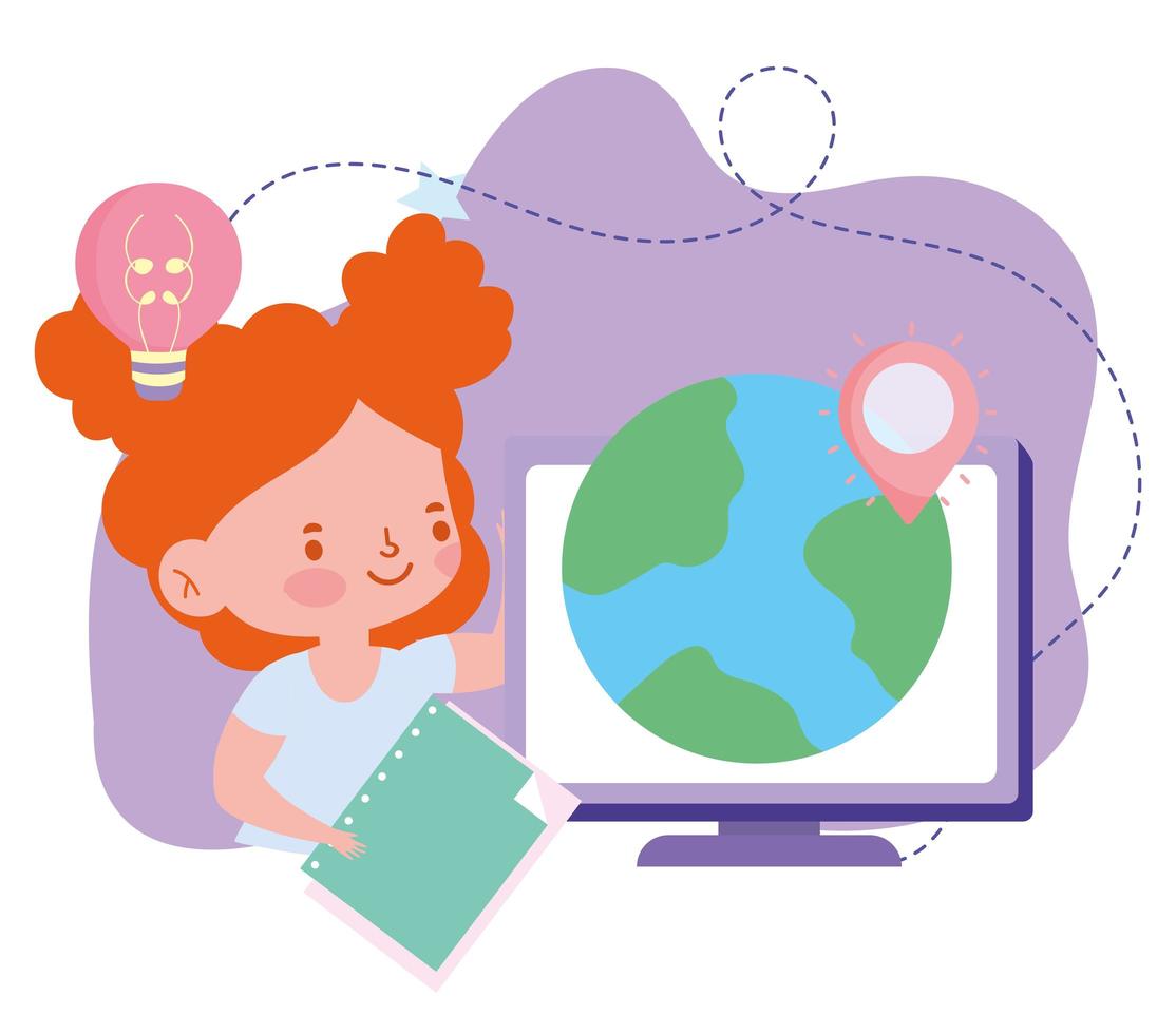 online education, student girl computer world and book, website and mobile training courses vector