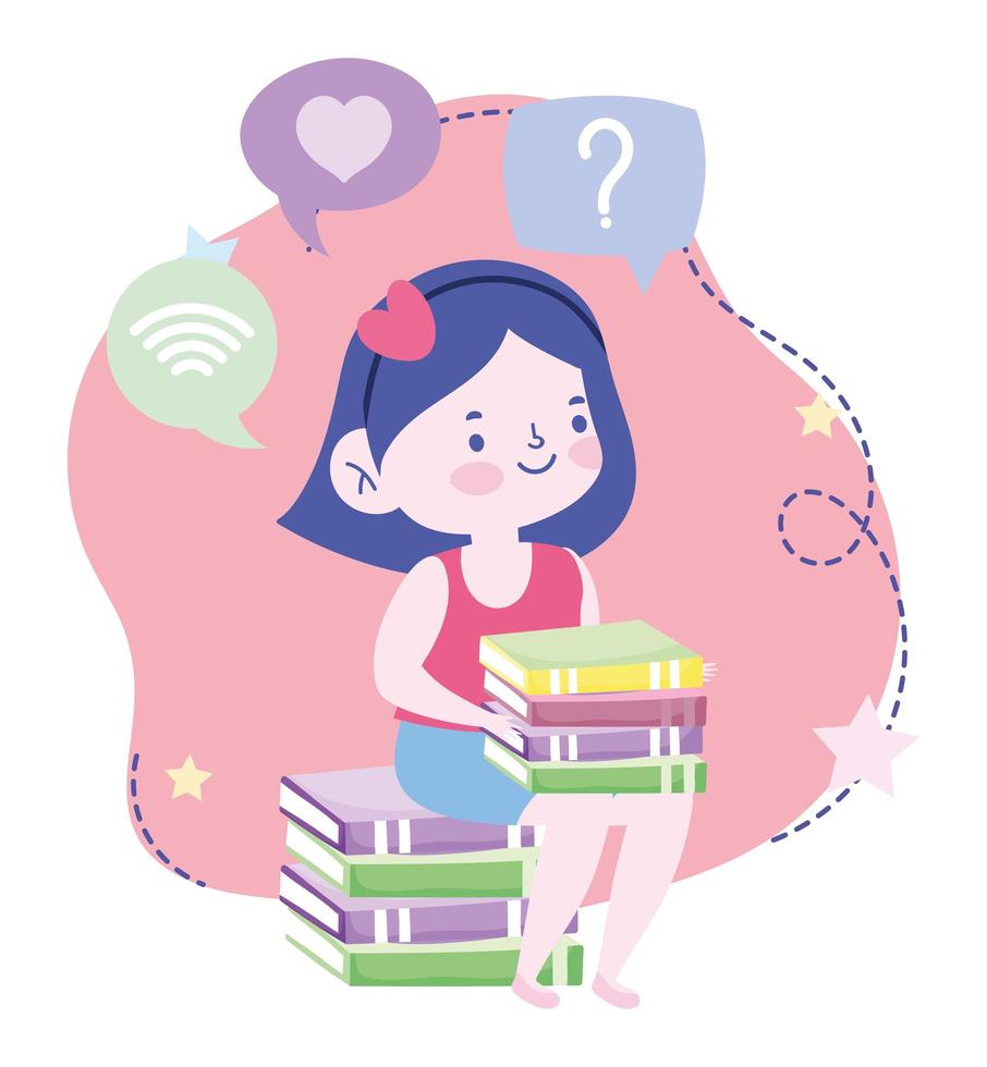 online education, student girl sitting with books knowledge, website and mobile training courses vector