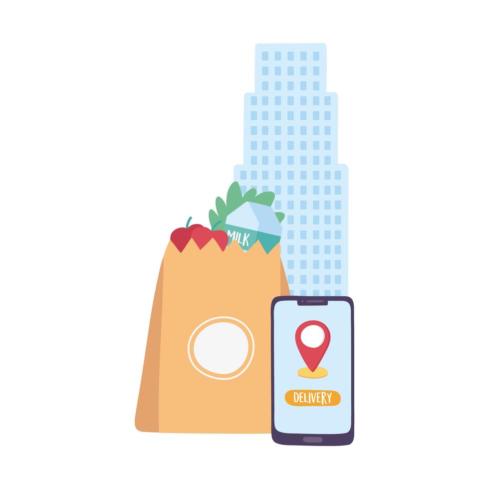 covid-19 coronavirus pandemic, delivery service, smartphone supermarket bag with food vector