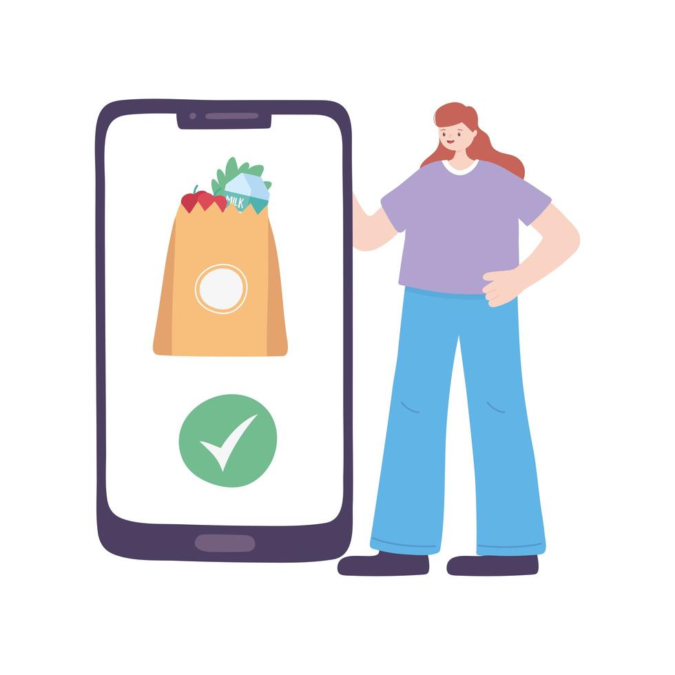 covid-19 coronavirus pandemic, delivery service, customer with smartphone and grocery bag vector