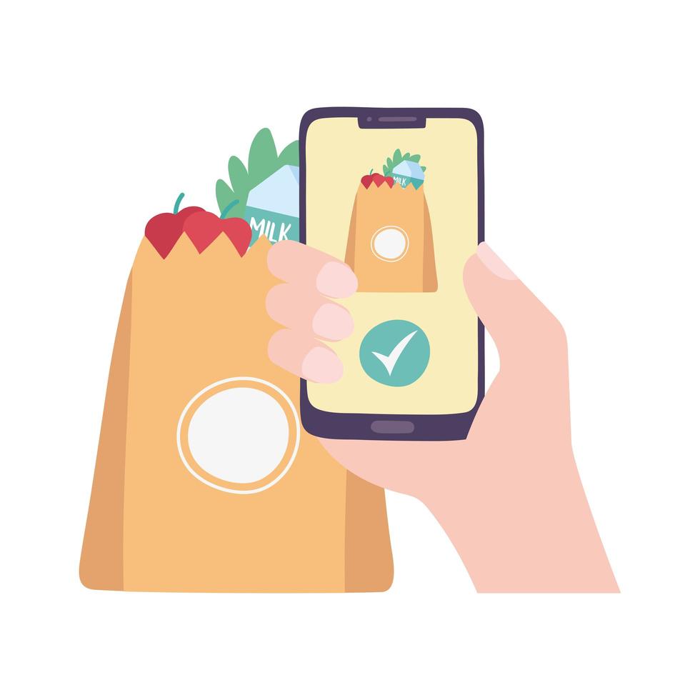 covid-19 coronavirus pandemic, delivery service, hand with smartphone grocery order vector