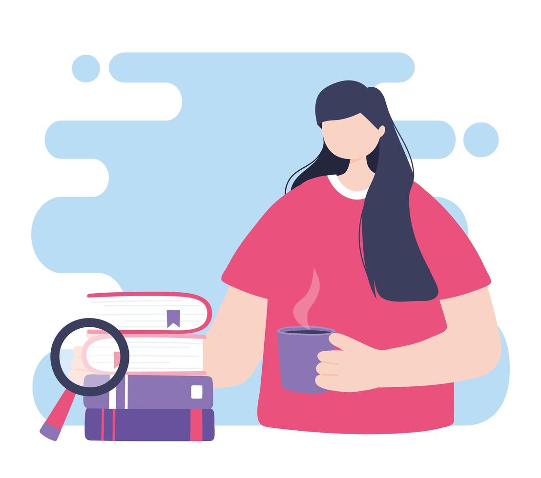 online training, woman with coffee cup and books, education and courses learning digital vector