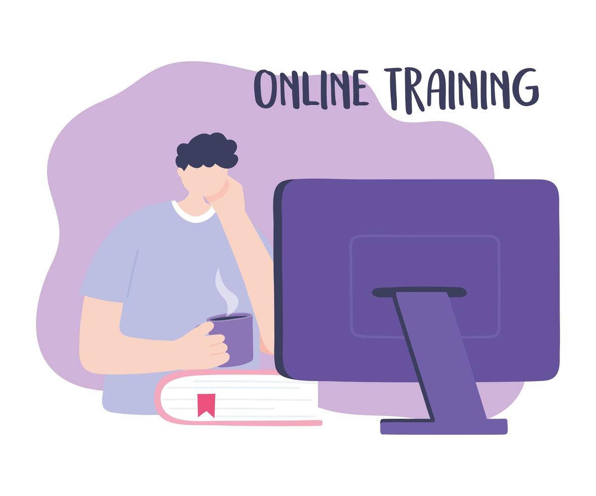 online training, boy looking computer with coffee cup, education and courses learning digital vector