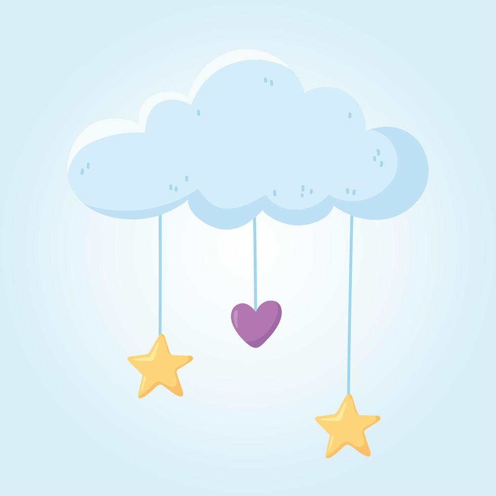 baby shower, nube con corazón colgante y decoración de estrellas. vector