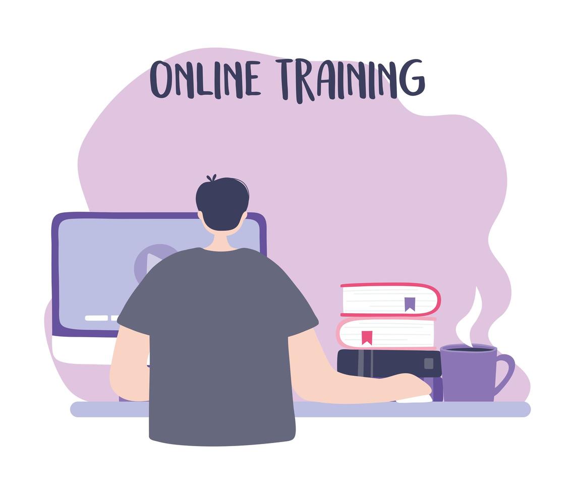 online training, man studying in computer with books, education and courses learning digital vector