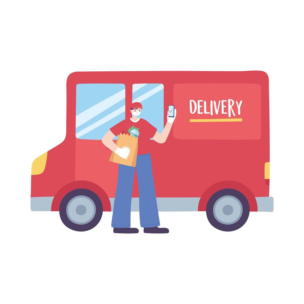 covid-19 coronavirus pandemic, delivery service, delivery man with mobile and truck in city, wear protective medical mask vector