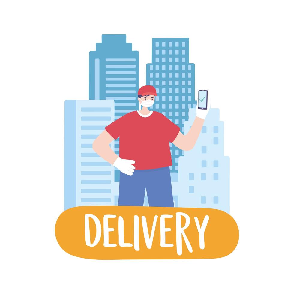 covid-19 coronavirus pandemic, delivery service, delivery man with smartphone street city, wear protective medical mask vector