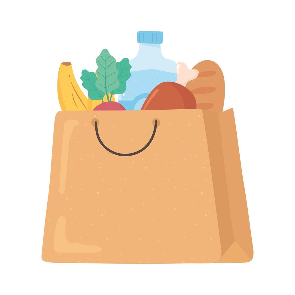 Bolsa de papel de compras con carne, pan, plátano, compras de comestibles. vector