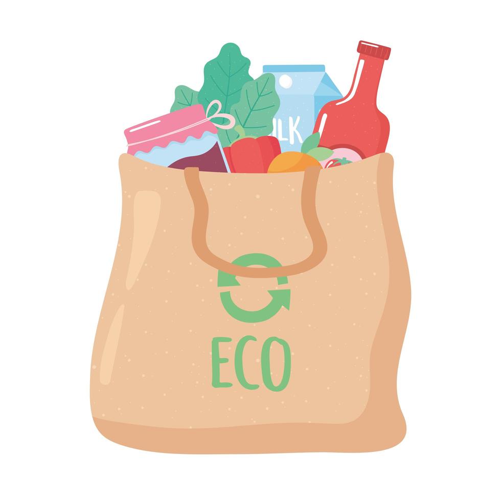 bolsa ecológica de tela con muchos productos, compras de comestibles vector