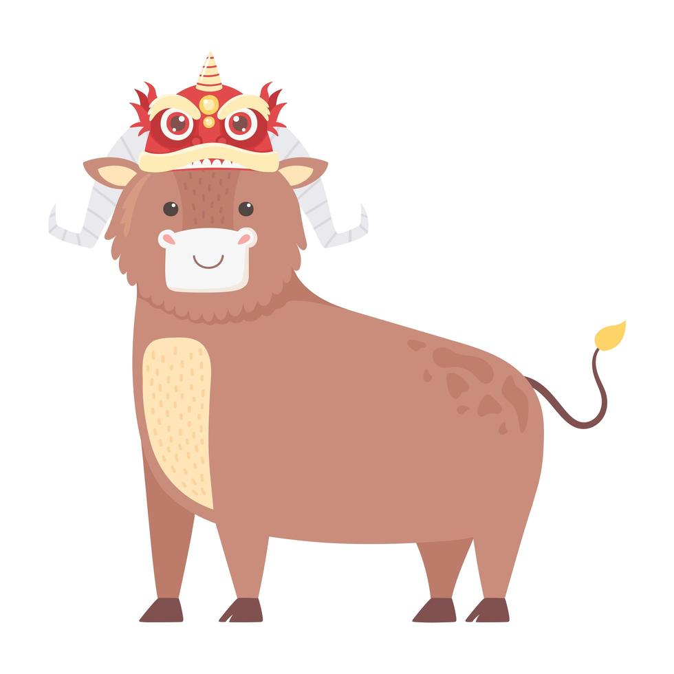 happy new year 2021 chinese, cartoon ox with asian decoration on head vector
