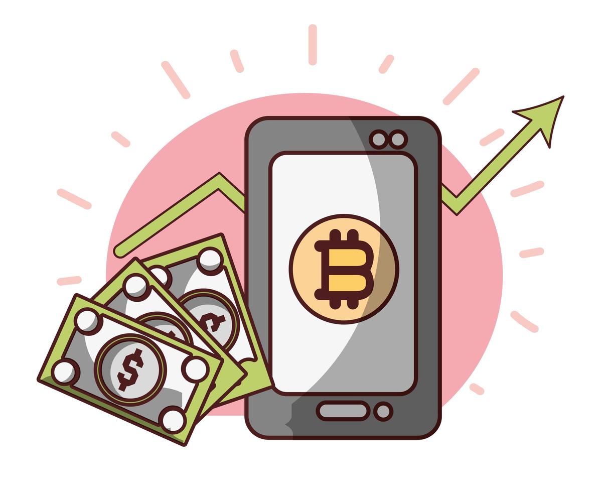 Bitcoin smartphone billete dólar transacción criptomoneda dinero digital vector