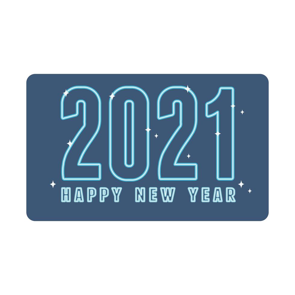 2021 feliz año nuevo, tarjeta de felicitación de neón con estrellas vector