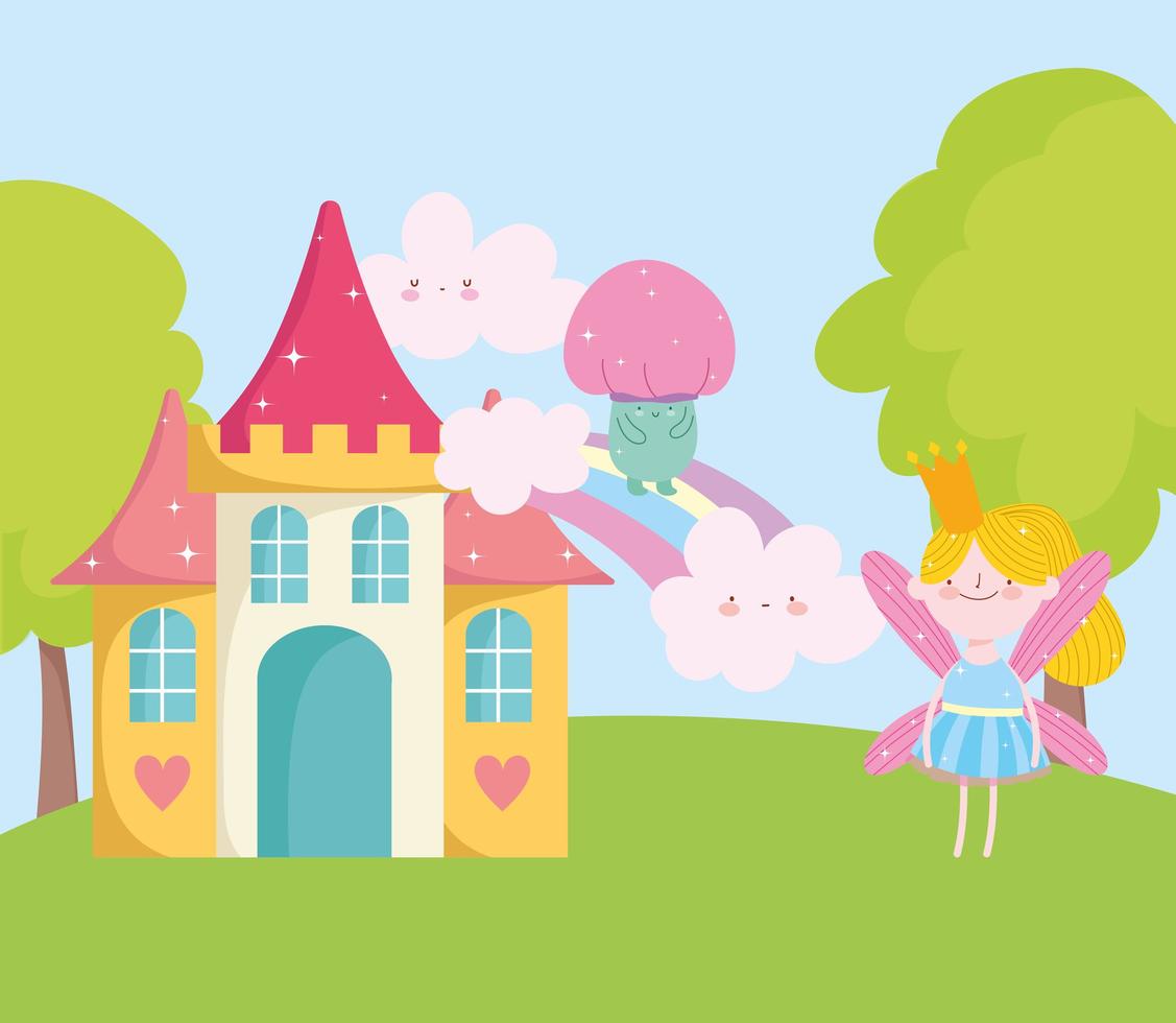 pequeña princesa de hadas seta arco iris castillo cuento dibujos animados vector