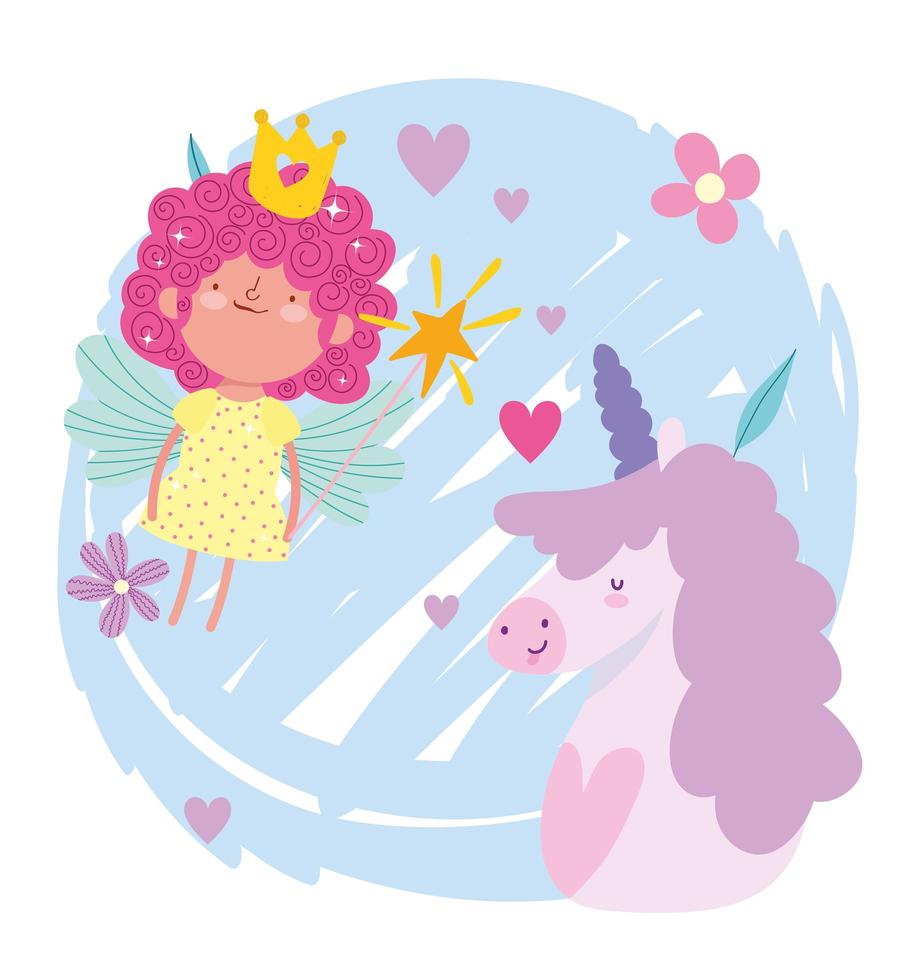 pequeña princesa de hadas con varita mágica y dibujos animados de cuento de unicornio vector