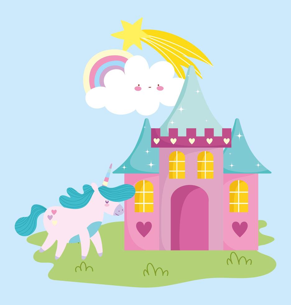 pequeño unicornio castillo arco iris fantasía magia animal dibujos animados vector