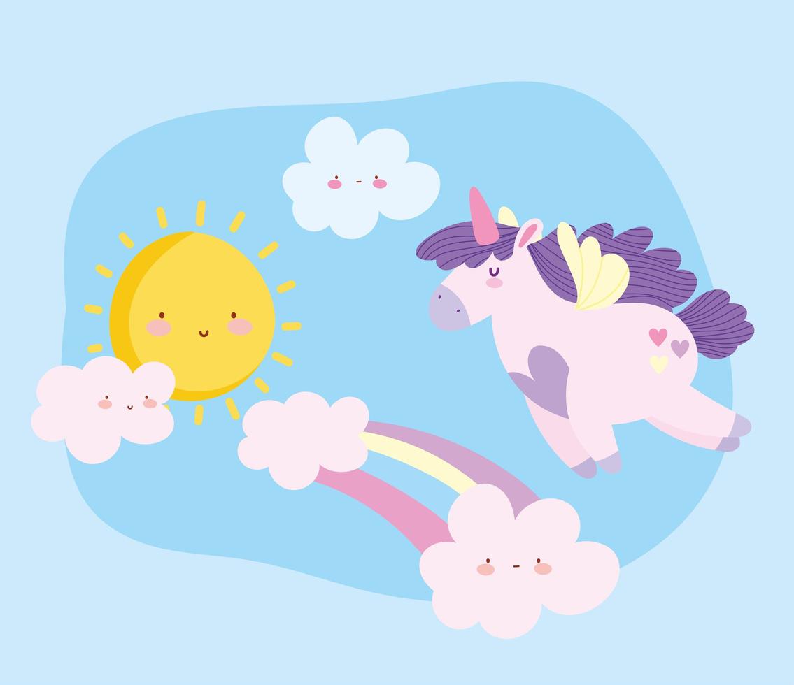 volando pequeño unicornio arcoíris nubes sol cielo fantasía magia animal dibujos animados vector