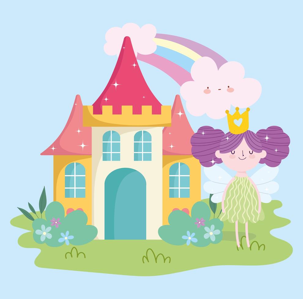 pequeña princesa de hadas con alas castillo arcoíris nubes jardín cuento dibujos animados vector