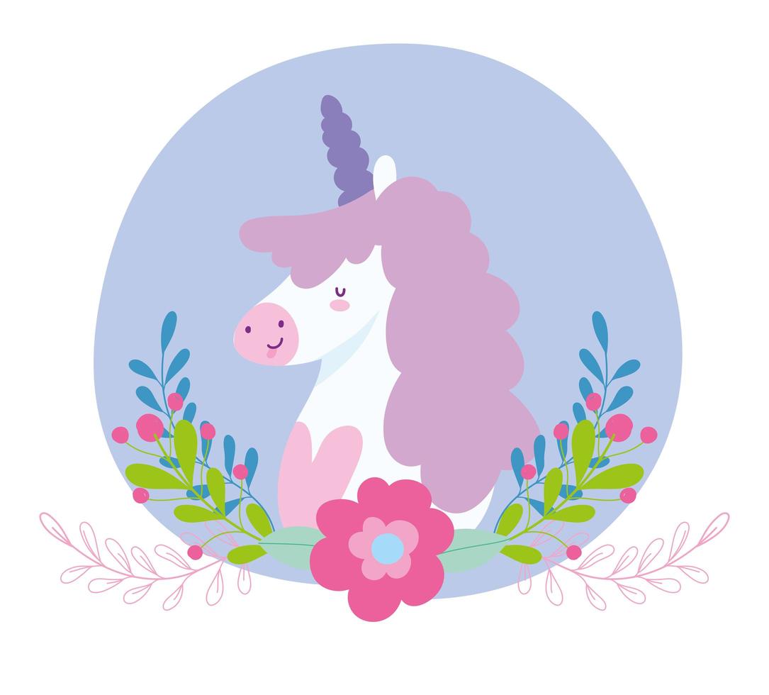 little unicorn flowers branches fantasy magic animal cartoon vector