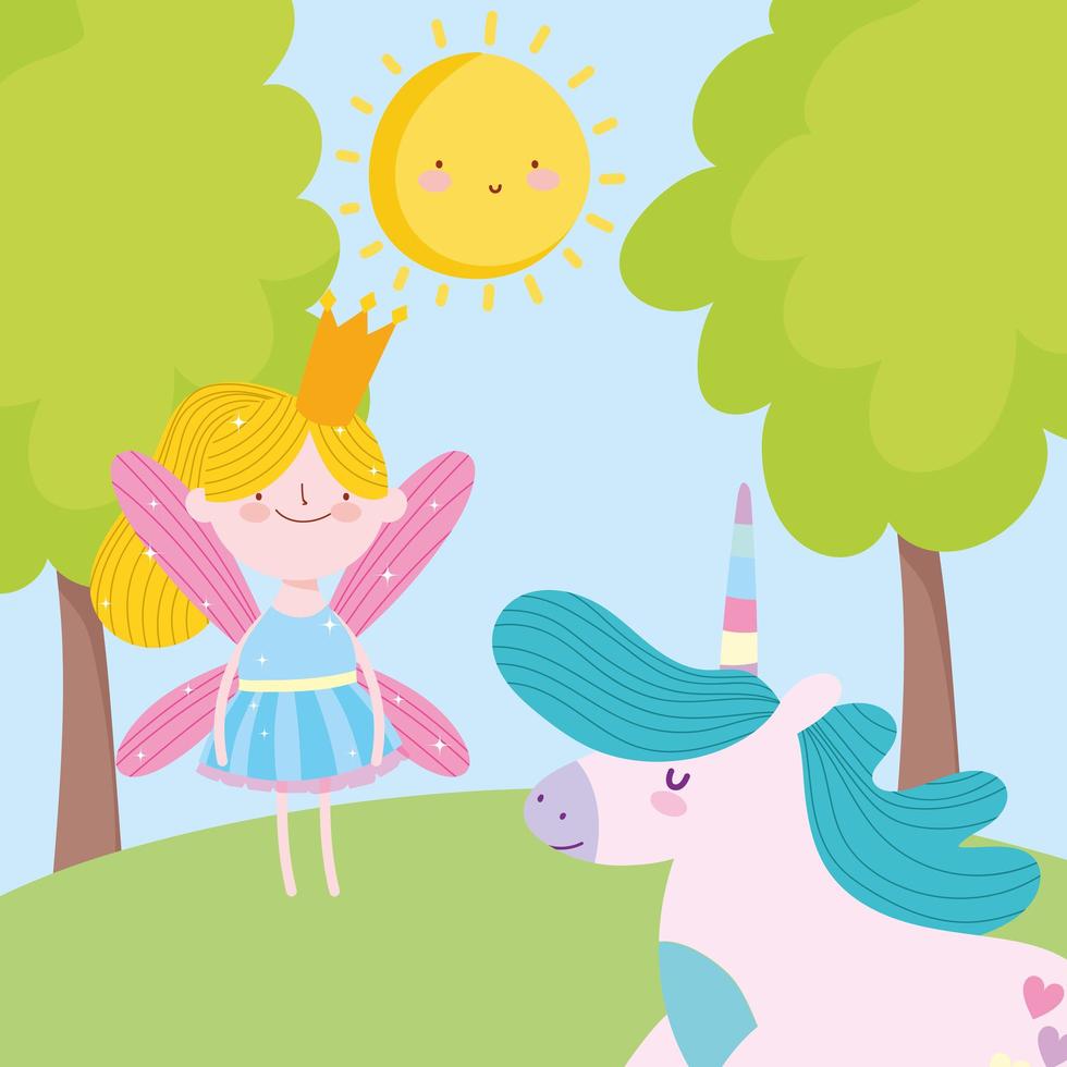 pequeña princesa de hadas y unicornio bosque árboles cuento dibujos animados vector