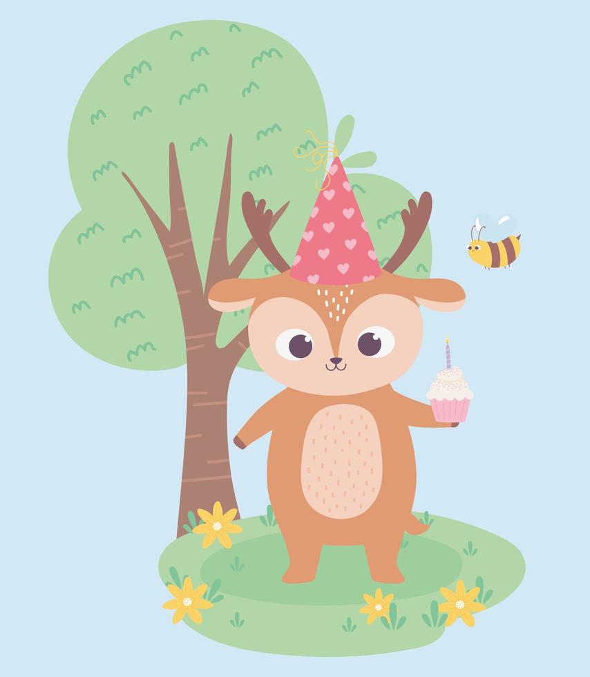 feliz cumpleaños, lindo ciervo con cupcake y abeja celebración decoración dibujos animados vector