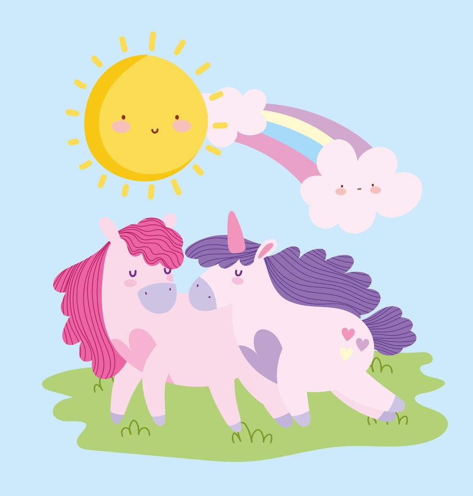 adorable little unicorns rainbow clouds sun fantasy magic animal cartoon vector