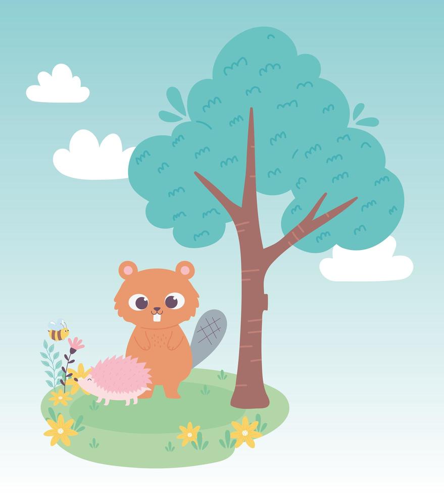 Cute little beaver y erizo sobre césped con flores y dibujos animados de árboles vector