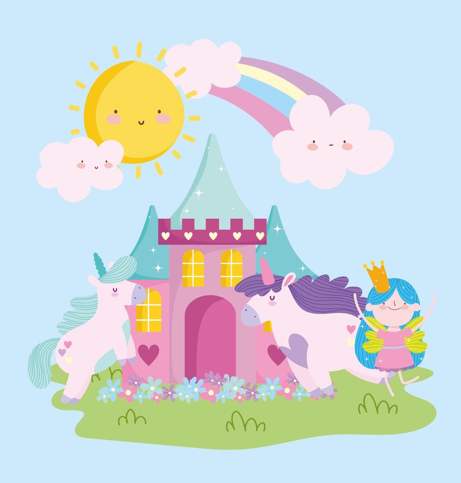 pequeña princesa de hadas unicornios castillo flores arco iris cuento dibujos animados vector