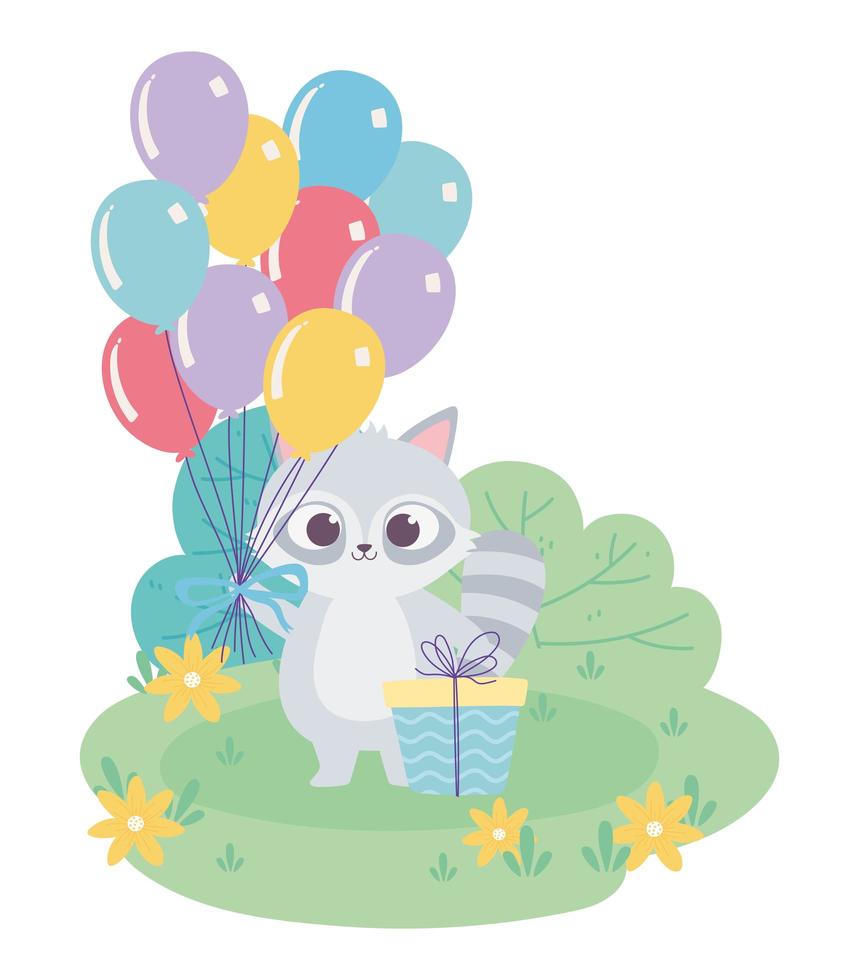 Feliz cumpleaños, lindo mapache con globos de manojo y dibujos animados de decoración de celebración de regalos vector