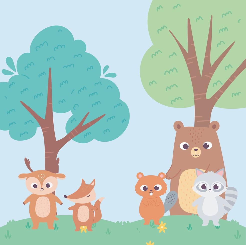 beaver bear deer fox and raccoon animals flowers tree cartoon vector