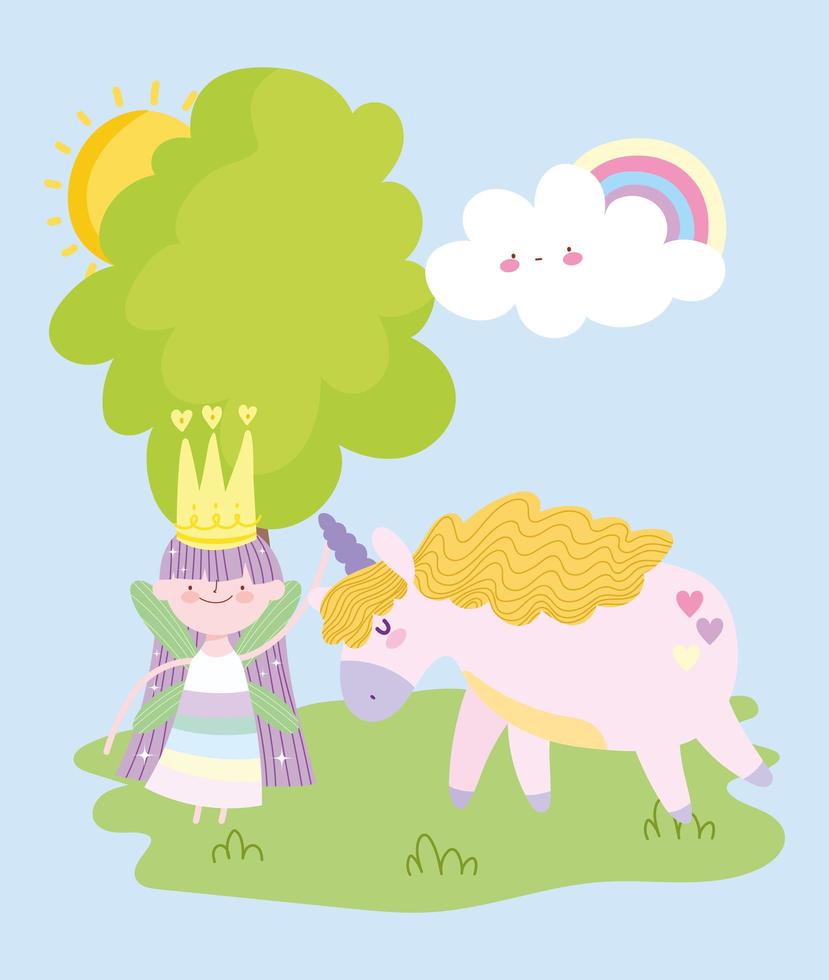 pequeña princesa de hadas con adorable cuento de unicornio mágico dibujos animados vector