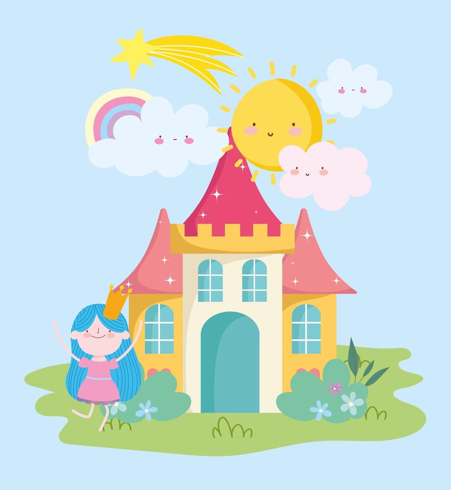 pequeña hada con corona castillo arco iris sol nubes cuento dibujos animados vector