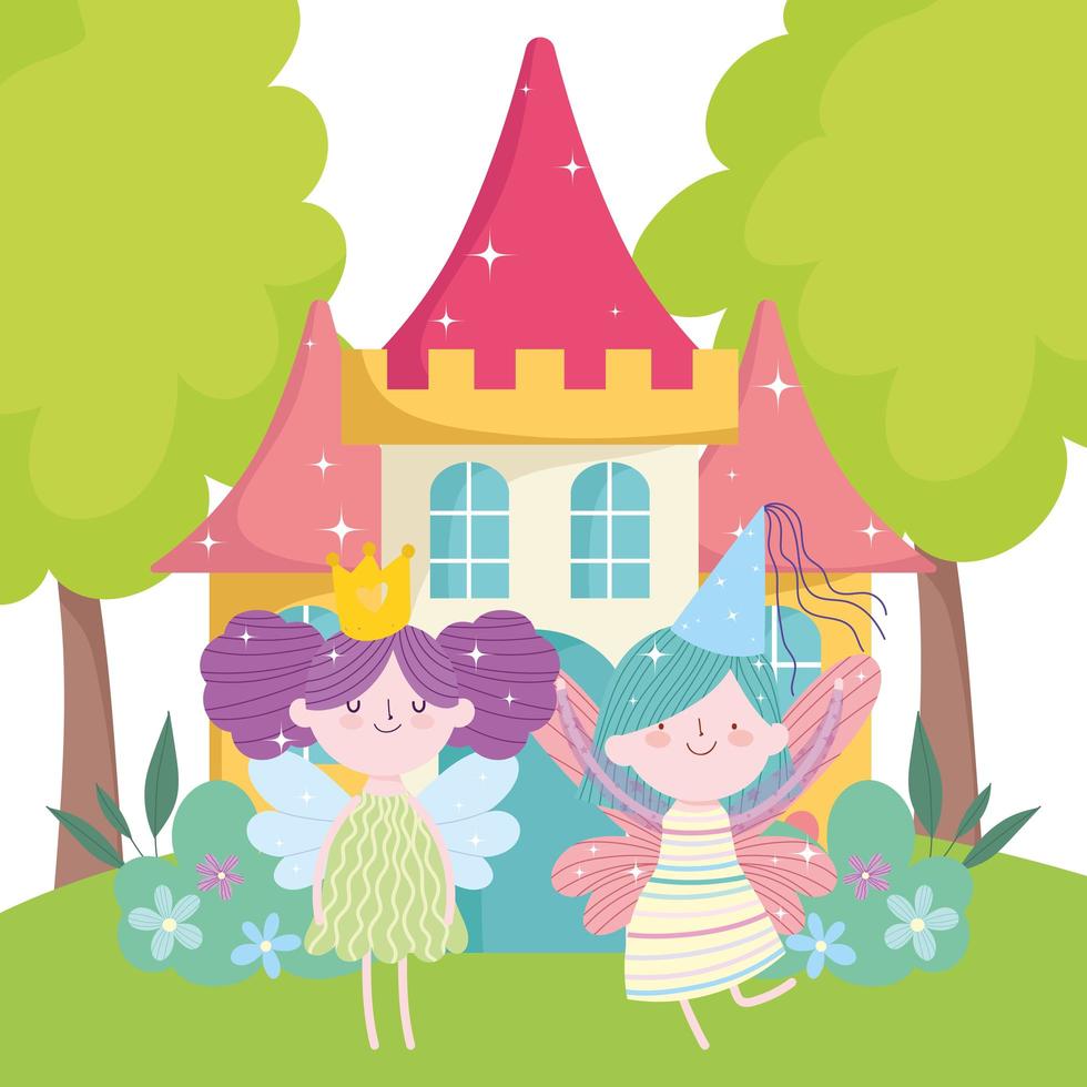 little fairies princess with wings crown castle tale cartoon vector