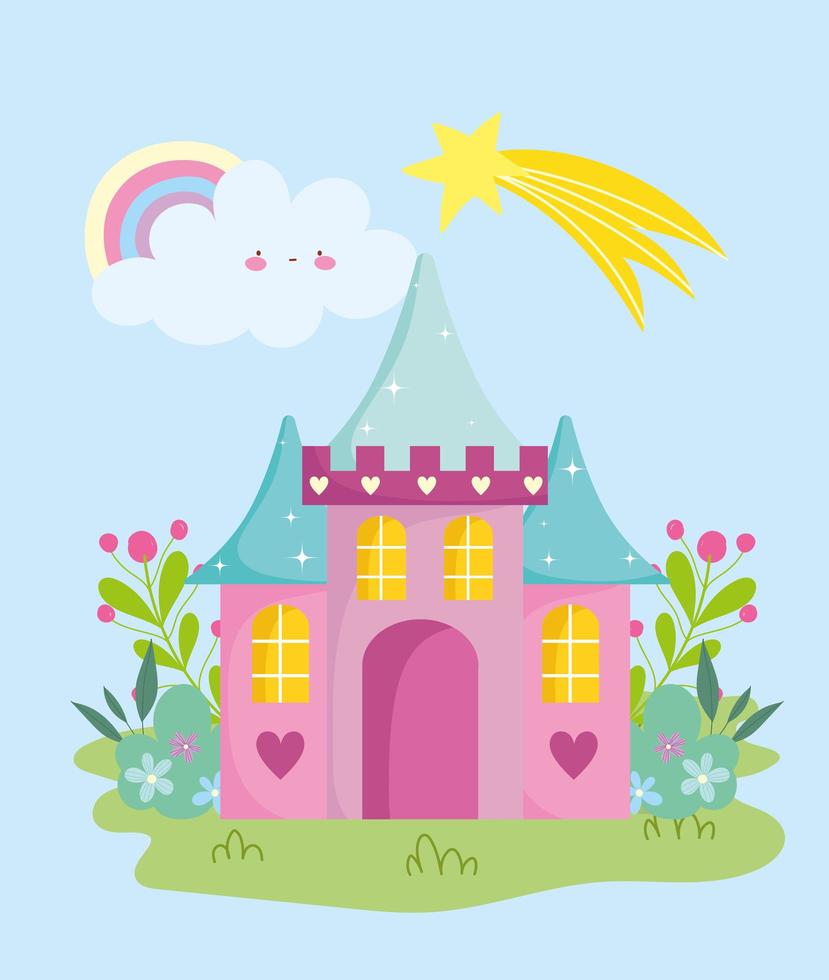 pequeño castillo arco iris estrella fugaz flores jardín nube jardín cuento dibujos animados vector