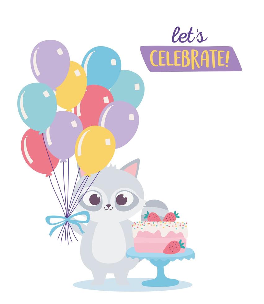 feliz cumpleaños, lindo mapache con pastel dulce y globos celebración decoración dibujos animados vector