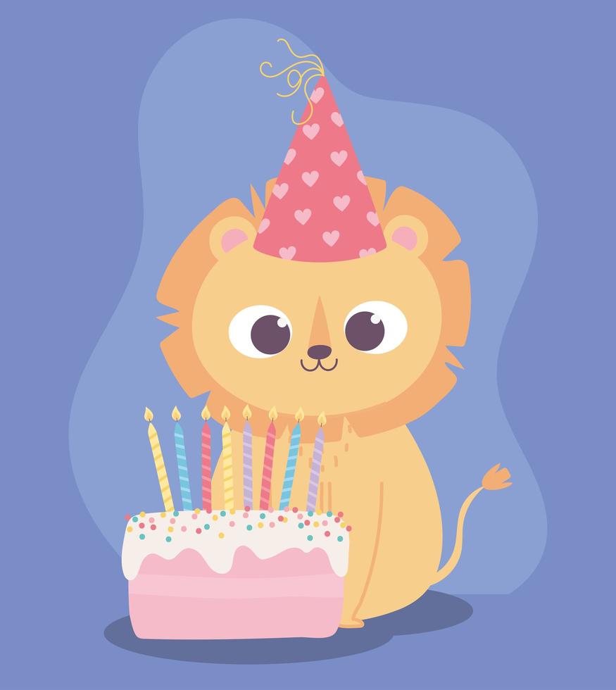 Feliz cumpleaños, lindo leoncito con sombrero y decoración de celebración de pastel de dibujos animados vector