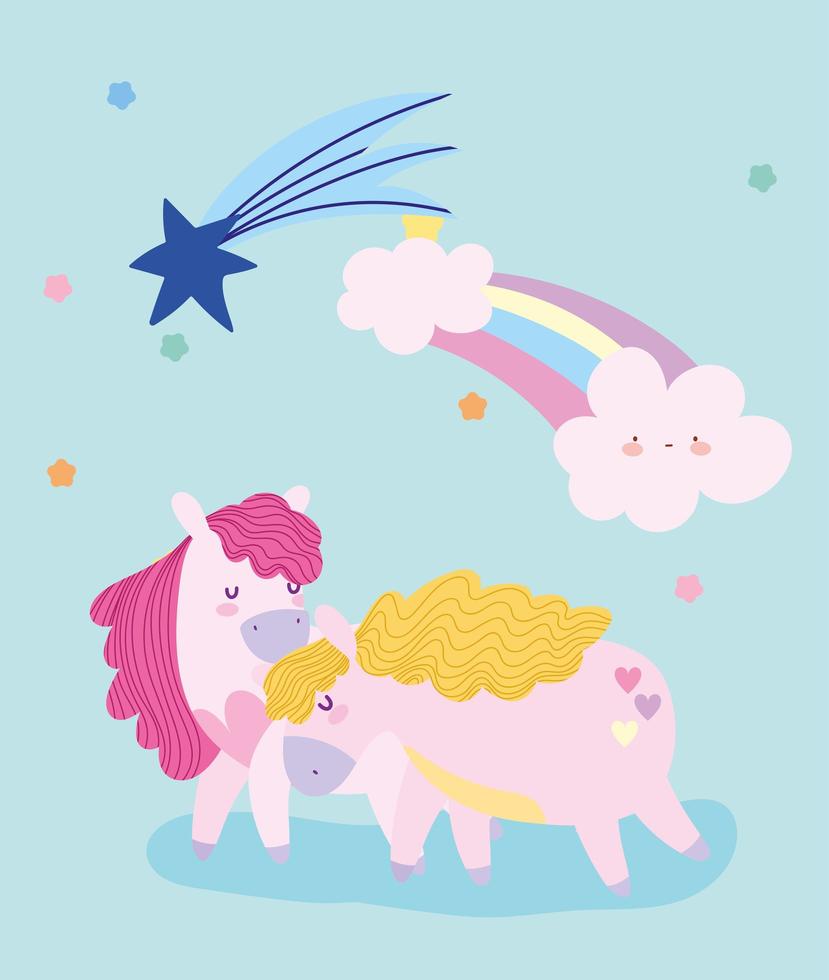 little unicorns rainbow shooting star fantasy magic animal cartoon vector