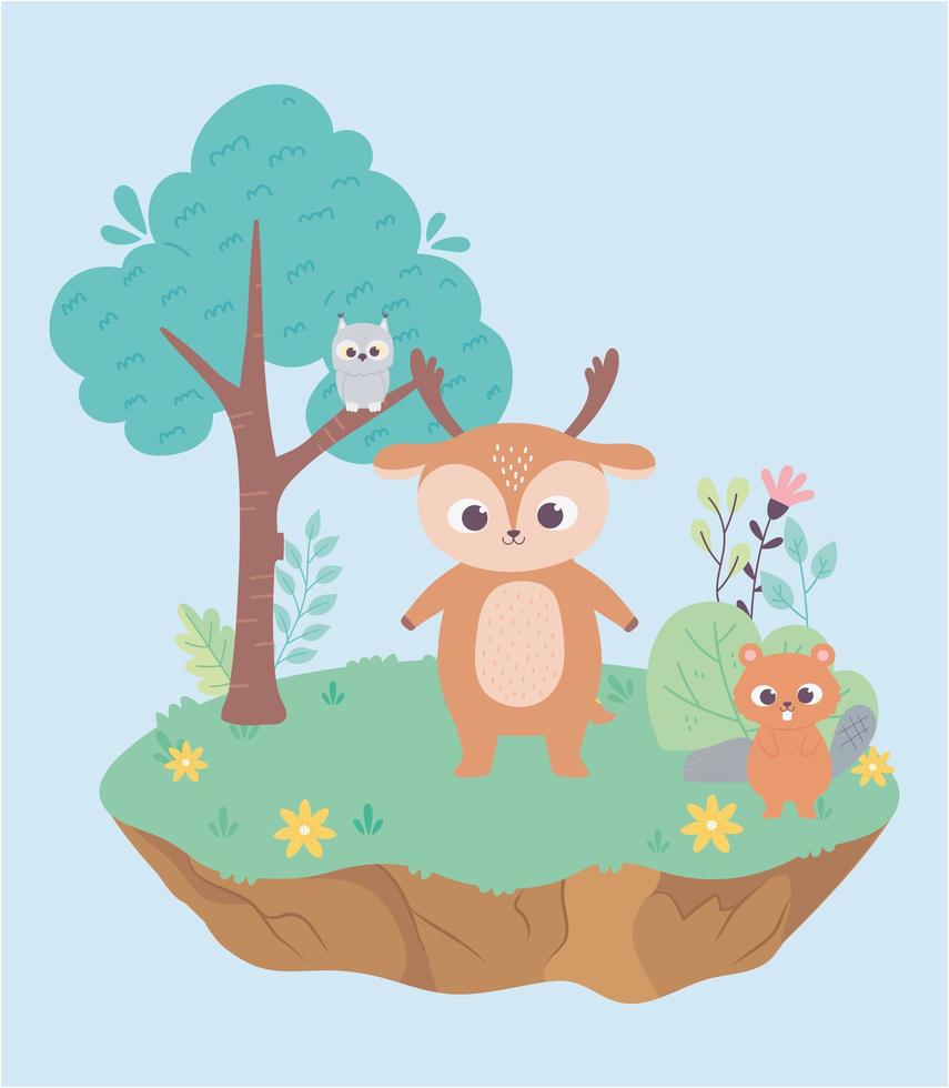 cute little deer and beaver on grass with flowers and tree cartoon vector
