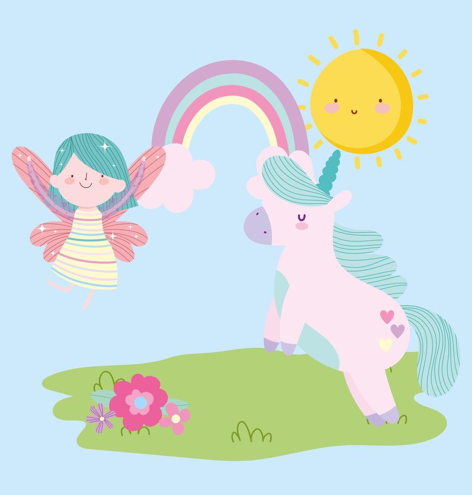 dibujos animados de cuento de arco iris y unicornio princesa de hadas voladora vector